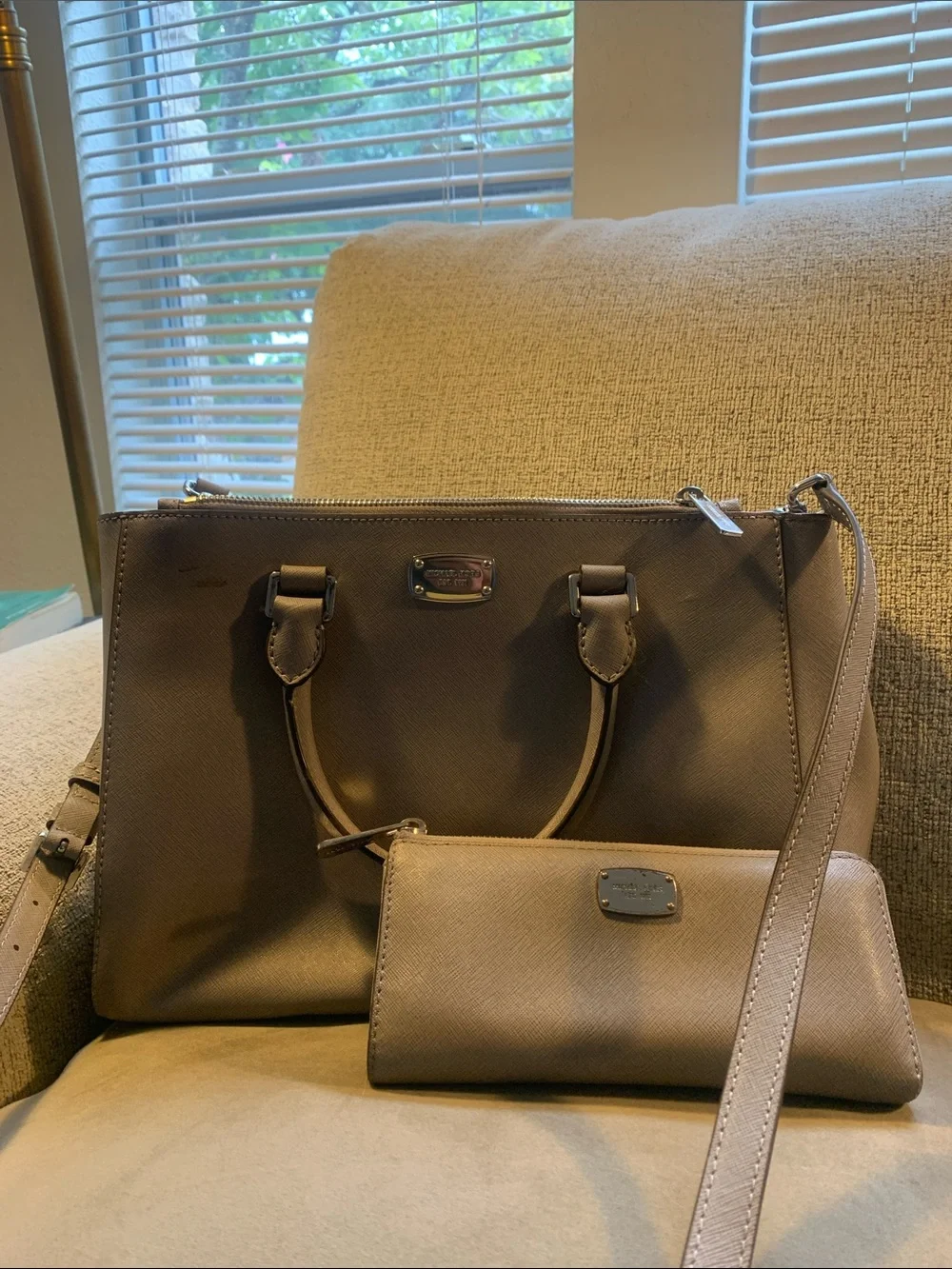 Michael Kors Light Gray Saffiano Leather Bag with Matching Wallet